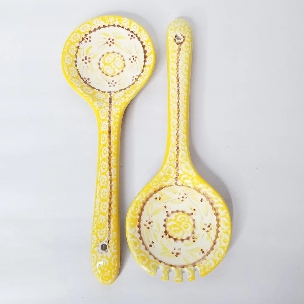 Temp-Tations by Tara Yellow Floral Ceramic Salad Serving Spoon and Fork